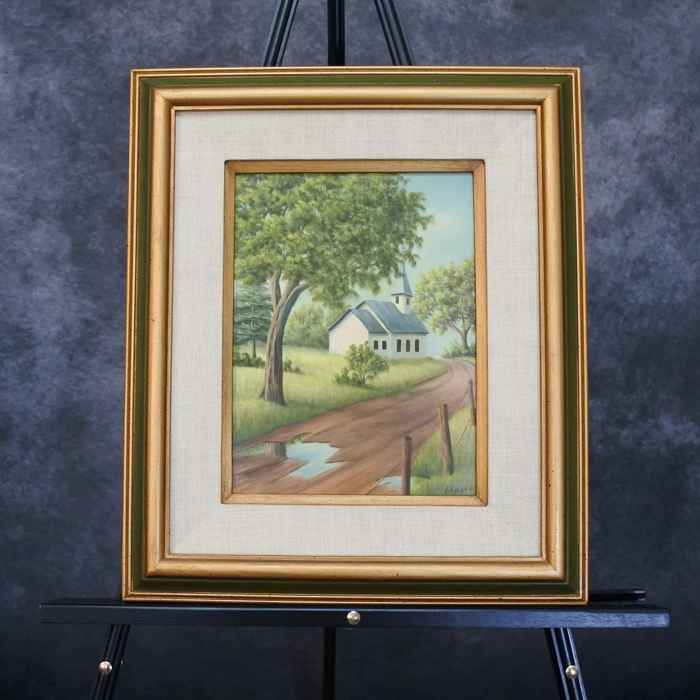Vintage Original Signed Oil Painting Landscape Church Countryside Framed Artwork